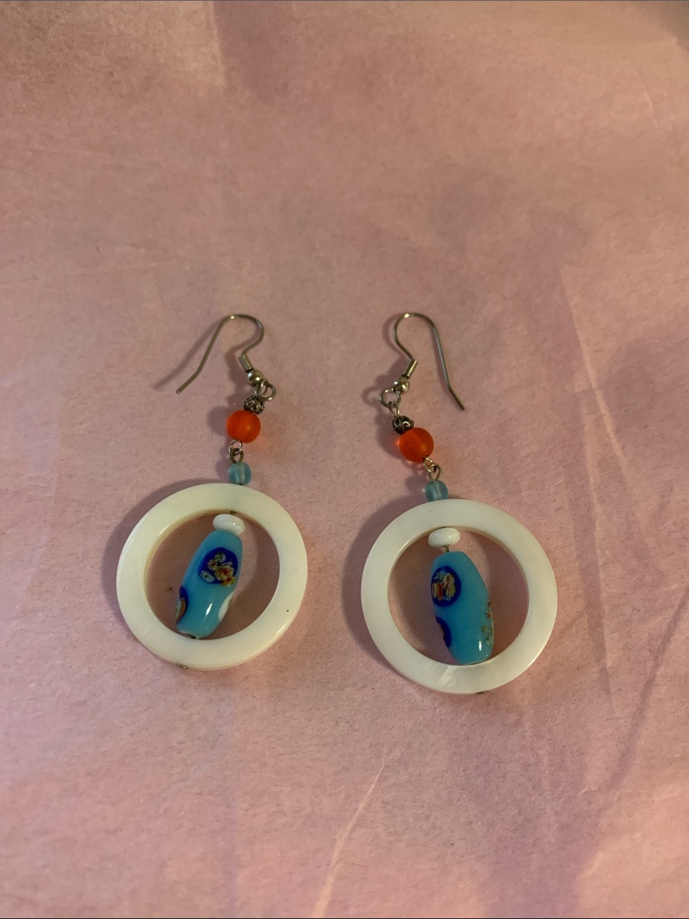 Handcrafted Blue and White Hoop Earrings with Orange Accent